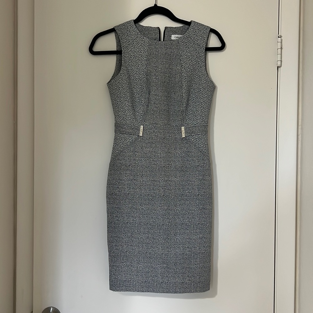 Calvin Klein Size 2 Sleeveless Grey and White Dress